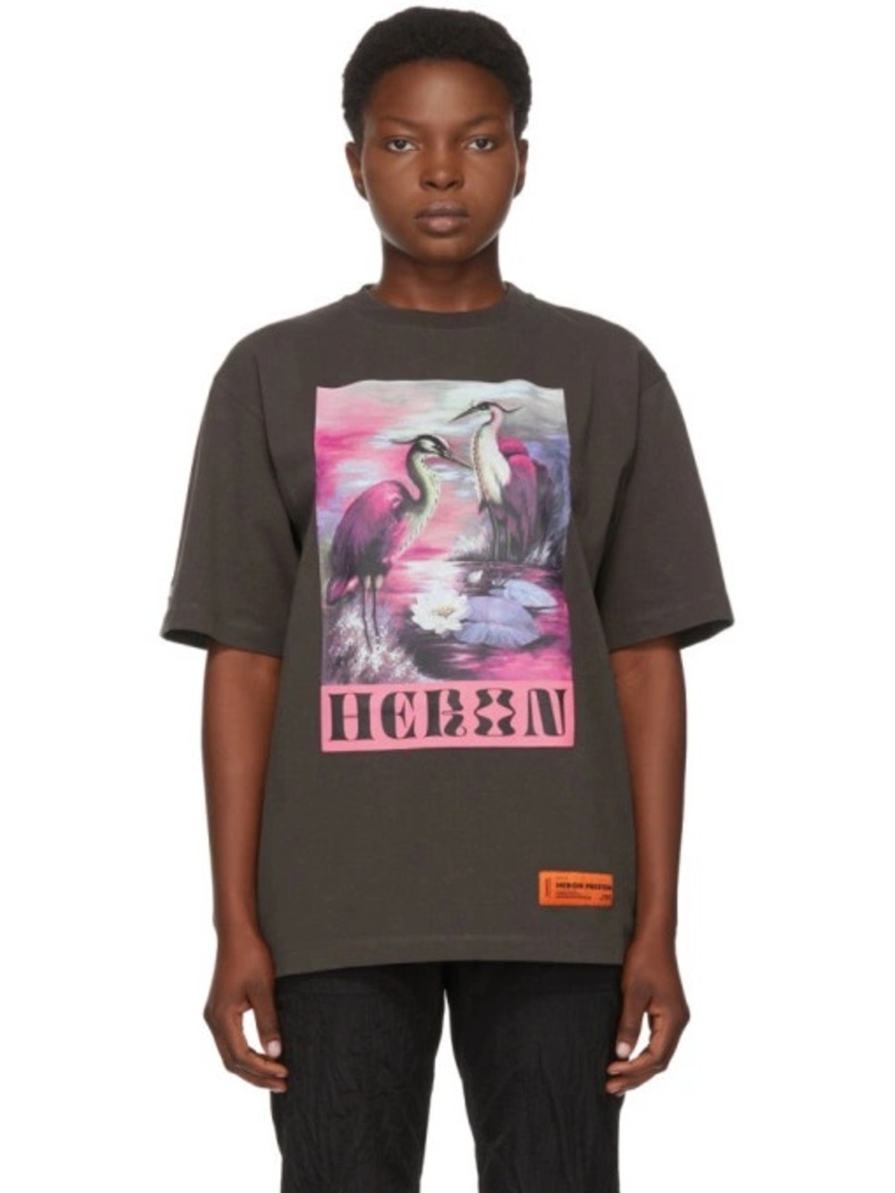 Heron Preston Black Tee with Pink Heron Artwork